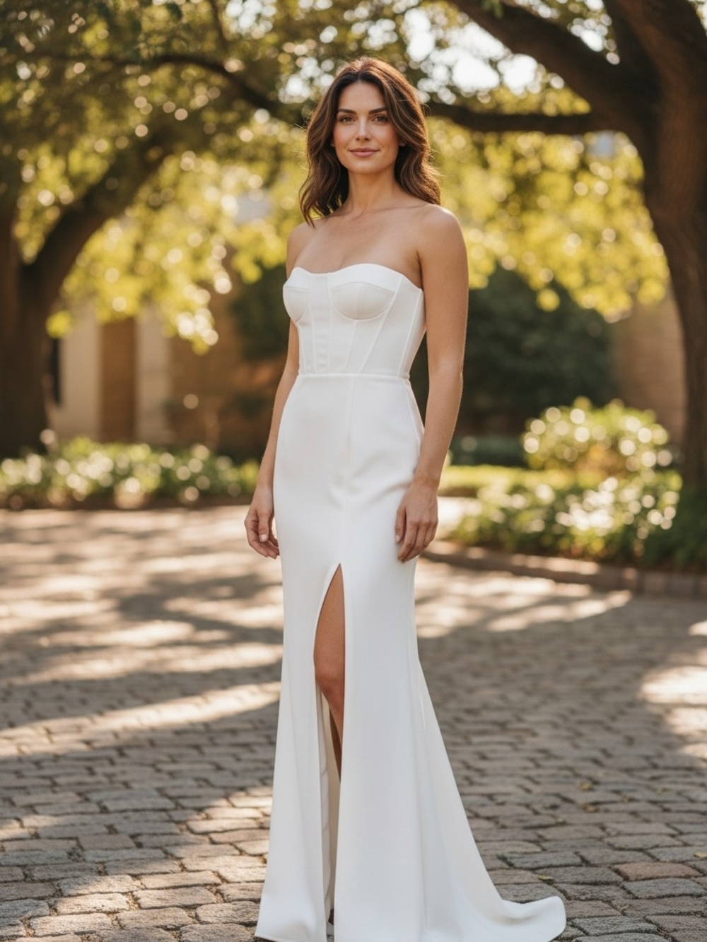 Strapless White Gown with Front Slit